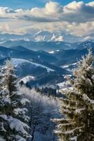AI generated a breathtaking view of snow-covered mountains, frosted trees under a clear blue sky with fluffy white clouds. The snow-capped peaks of the mountains photo