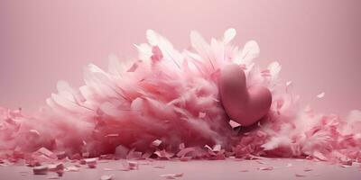 ai generado un rosado corazón rodeado por plumas en un rosado antecedentes. San Valentín día celebracion. nacido de artificial inteligencia. foto