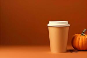 Coffee in a paper cup on a plain brown background, copy space. photo