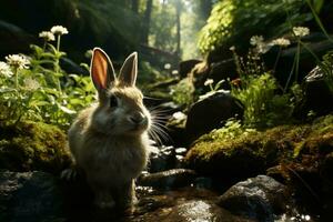 ai generado un salvaje Conejo capturado en medio de lozano verdor, bañado en el dorado rayos de luz de sol, exhibiendo naturaleza belleza. el linda marrón Conejo con grande orejas foto