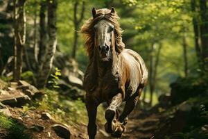 AI generated A majestic horse runs through a peaceful forest, sunlight filtering through the trees highlights its powerful and graceful movement. photo