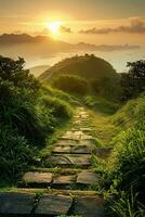 AI generated Golden sunrise illuminates a stone pathway amidst vibrant greenery, overlooking a tranquil bay and distant mountains. photo