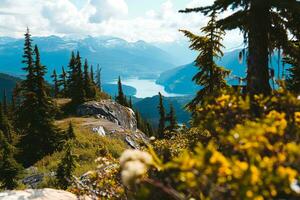 AI generated a breathtaking view of a mountain range with autumnal trees, rocky terrains, and misty valleys showcasing nature beauty. photo