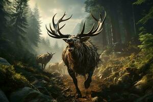 AI generated a majestic photograph of an moose with large, sprawling antlers in the middle of a misty forest. The moose fur appears wet or damp and is dark brown in color photo