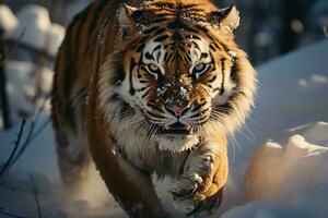 ai generado un majestuoso Tigre con sorprendentes rayas caminando mediante un invernal paisaje, encarnando el salvaje salvaje belleza. el Tigre intenso mirada y poderoso postura foto