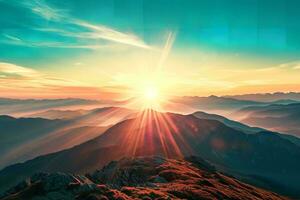 ai generado un asombroso amanecer encima un montaña rango, fundición dorado ligero en el rocoso paisaje con un vistoso cielo fondo foto