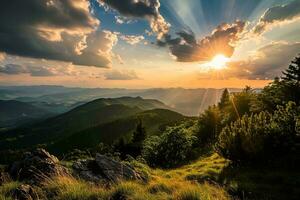 ai generado asombroso puesta de sol vista, rayos perforación nubes a iluminar lozano verdor, rocoso paisaje en medio de sereno montañas. foto