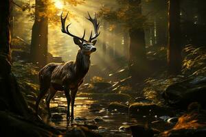 AI generated A stunning deer amidst a sunlit forest, showcasing nature's beauty and tranquility. photo