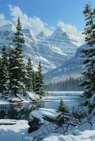 AI generated a breathtaking view of snow-covered mountains with towering peaks rising majestically against a clear blue sky photo