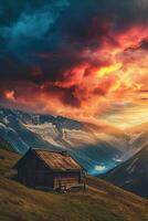 AI generated A breathtaking sunset illuminates a tranquil scene featuring a rustic cabin nestled against majestic snow-capped mountains and lush greenery. photo