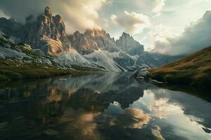 ai generado asombroso paisaje presentando imponente picos, un tranquilo lago con Perfecto reflexiones y un dramático nublado cielo. foto