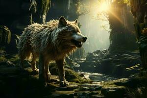 AI generated a majestic photograph of a wolf standing on moss-covered rocks amidst a dense forest. The wolf thick fur is highlighted by the sunlight photo