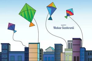 Happy makar sankranti festival background decorated with kites design vector