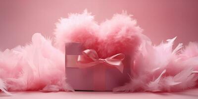 AI generated A pink gift box and a feathered heart behind it on a pink background. Valentine's Day celebration. Generated by artificial intelligence. photo