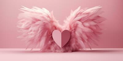 AI generated A pink heart surrounded by feathers on a pink background. Valentine's Day celebration. Born of artificial intelligence. photo