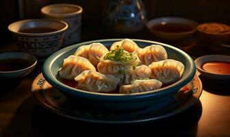 AI generated Chinese dim sum in the tray on the table. photo