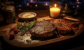 AI generated Steak and a side of garlic on a wooden plate photo