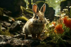 AI generated a bunny amidst lush woods, with sunbeams piercing through leaves illuminating a serene stream and vibrant flora. The cute brown rabbit with large ears photo