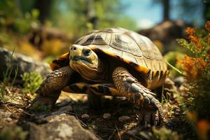 AI generated a close-up photograph of a tortoise amidst lush greenery, its detailed shell contrasting the soft focus forest background. The tortoise intricate patterns photo