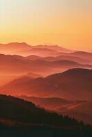 AI generated A breathtaking sunset illuminating misty mountains with an orange glow, showcasing nature's serene and tranquil beauty. photo