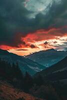AI generated A dramatic sunset paints the sky above a serene mountain landscape, with dark clouds contrasting the vibrant hues. photo