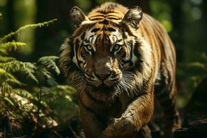 AI generated Majestic tiger walking in a dense, green forest. Sunlight filters through the trees highlighting its intense gaze and powerful build. photo