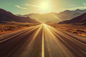 AI generated A breathtaking view of a straight road leading towards beautiful mountains, illuminated by the golden sunset. photo