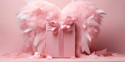 AI generated Pink gift box and a feathered heart behind it on a pink background. Valentines Day celebration. Generated by artificial intelligence. photo