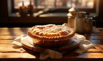 AI generated The pie stands on a table on a wooden tray photo