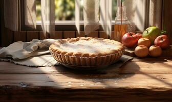 AI generated The pie stands on a table on a wooden tray photo