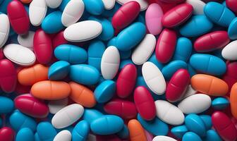 AI generated Colorful supplements and medications - top view. Macro. Background of tablets. photo