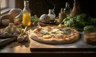 AI generated A cheese pizza is being prepared in front of some ingredients and ingredients photo