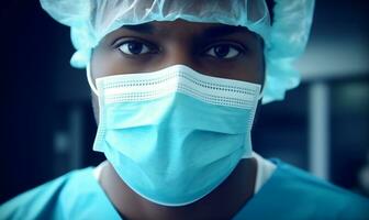 ai generado retrato de un negro masculino cirujano médico en un médico máscara en el hospital. creado con generativo ai. foto