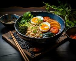 AI generated Japanese ramen with eggs and vegetables in a bowl photo