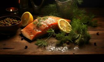 AI generated One piece of baked salmon with lemon and salt photo