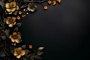 AI generated Black background with abstract floral ornament, copy space. photo