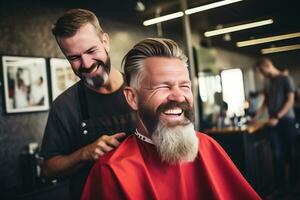 ai generado un satisfecho cliente de el barbería inspecciona su Corte de pelo. foto