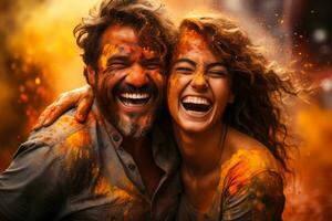 AI generated Holi holiday happy couple in love perfectly conveys the joyful and bright moment of joy and togetherness, the background is filled with the cheerful chaos of colorful powders photo