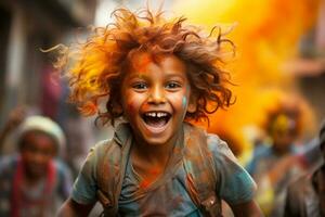 AI generated Happy child celebrating Holi, a Hindu festival of colors that also marks the arrival of spring and is celebrated throughout the country, portrait of a laughing boy photo