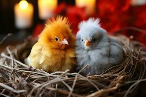 AI generated Postcard for congratulations on Easter and Bright Sunday, two little chicks in the nest. photo