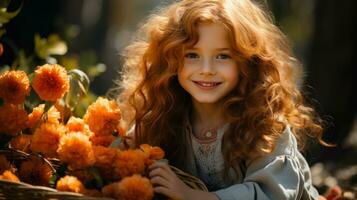 AI generated Beautiful smiling girl with basket full of spring flowers, idea for card for spring Easter holidays photo