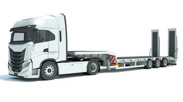 Semi Truck with Lowboy Platform Trailer 3D rendering on white background photo