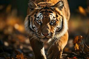 ai generado un majestuoso Tigre caminando en medio de caído otoño hojas, luz de sol destacando sus feroz aún elegante presencia. el Tigre intenso mirada y poderoso postura foto