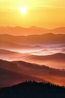 AI generated A breathtaking sunrise unveils the beauty of mist-covered mountains, with a golden sky casting an ethereal glow over the serene and foggy landscape. photo