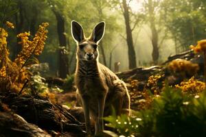 AI generated a kangaroo standing amidst a misty forest, bathed in golden sunlight. The peaceful atmosphere is enhanced by the lush greenery and ethereal rays piercing through. photo