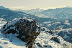 ai generado un asombroso ver de cubierto de nieve montañas, con rocas saliente mediante el prístino blanco superficie debajo un claro cielo. foto