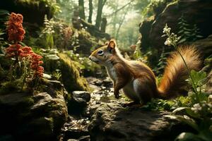 AI generated a vibrant photograph of a squirrel beside a stream, surrounded by lush greenery and blooming flowers, illuminated by the gentle rays of the sun. photo