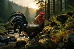 AI generated A majestic rooster stands on a moss-covered rock amidst a tranquil forest. The golden sunrise illuminates the lush greenery, photo