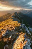 AI generated a stunning mountainous landscape bathed in the warm glow of a sunset. Rocky terrains with jagged edges and crevices are prominently featured in the foreground. photo