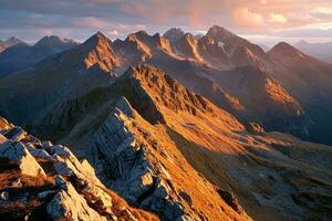 AI generated the majestic mountain range during the golden hour. The sun rays cast a warm glow on the rugged peaks, highlighting intricate textures and elevations. photo